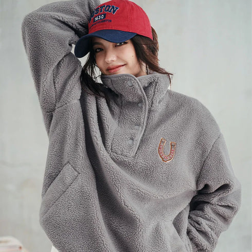 Women's Casual Half-Placket Fleece Sweatshirt – Warm Pullover Sweatshirt